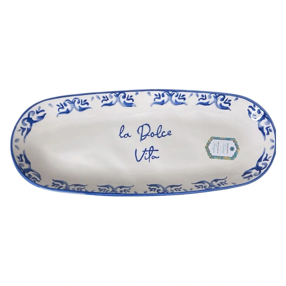 La Dolce Vita Long Tapas Serving Platter 14” Hand Painted Appetizer Dish Plate